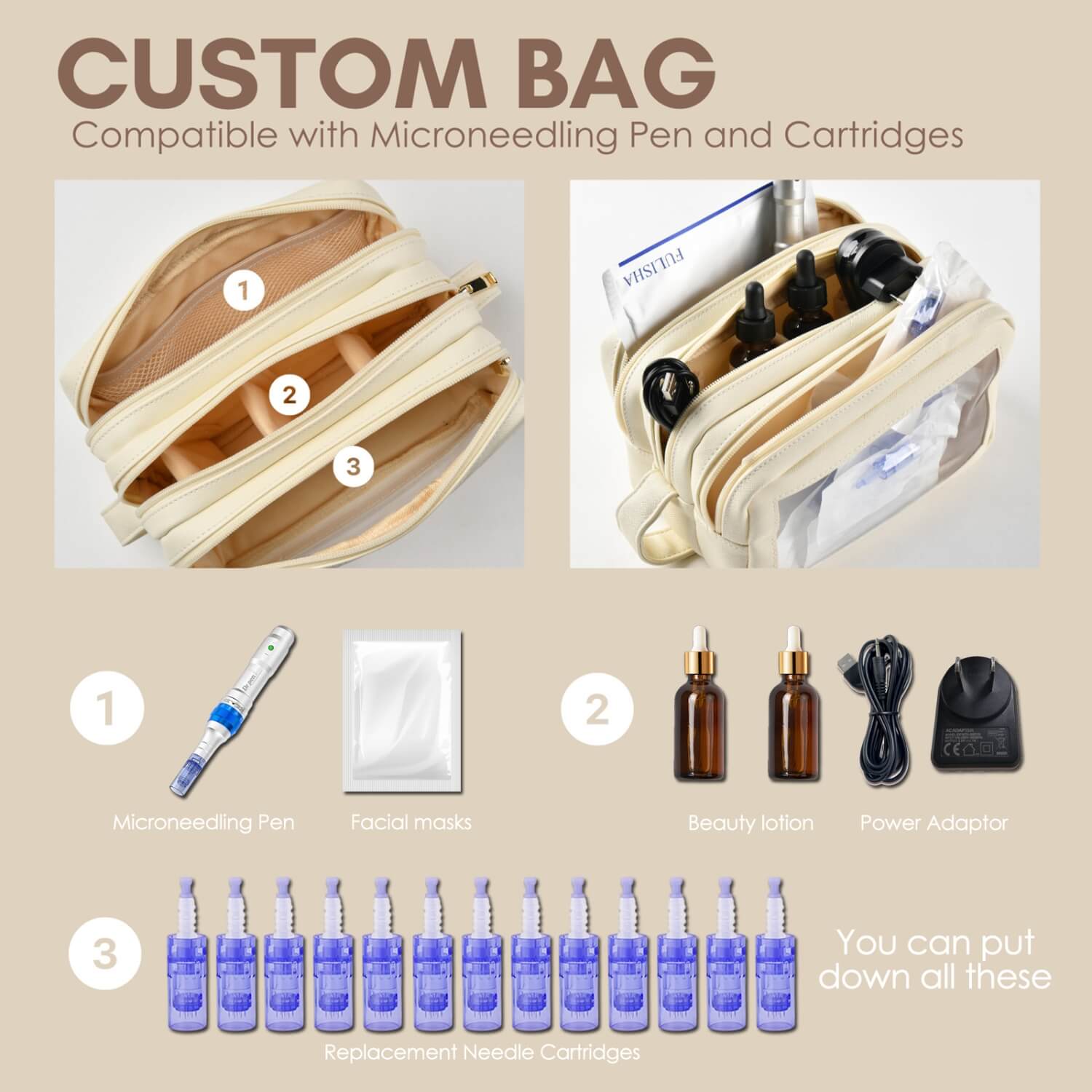 3-layer Customized Microneedling Pen Bag for Dr.pen (Beige)