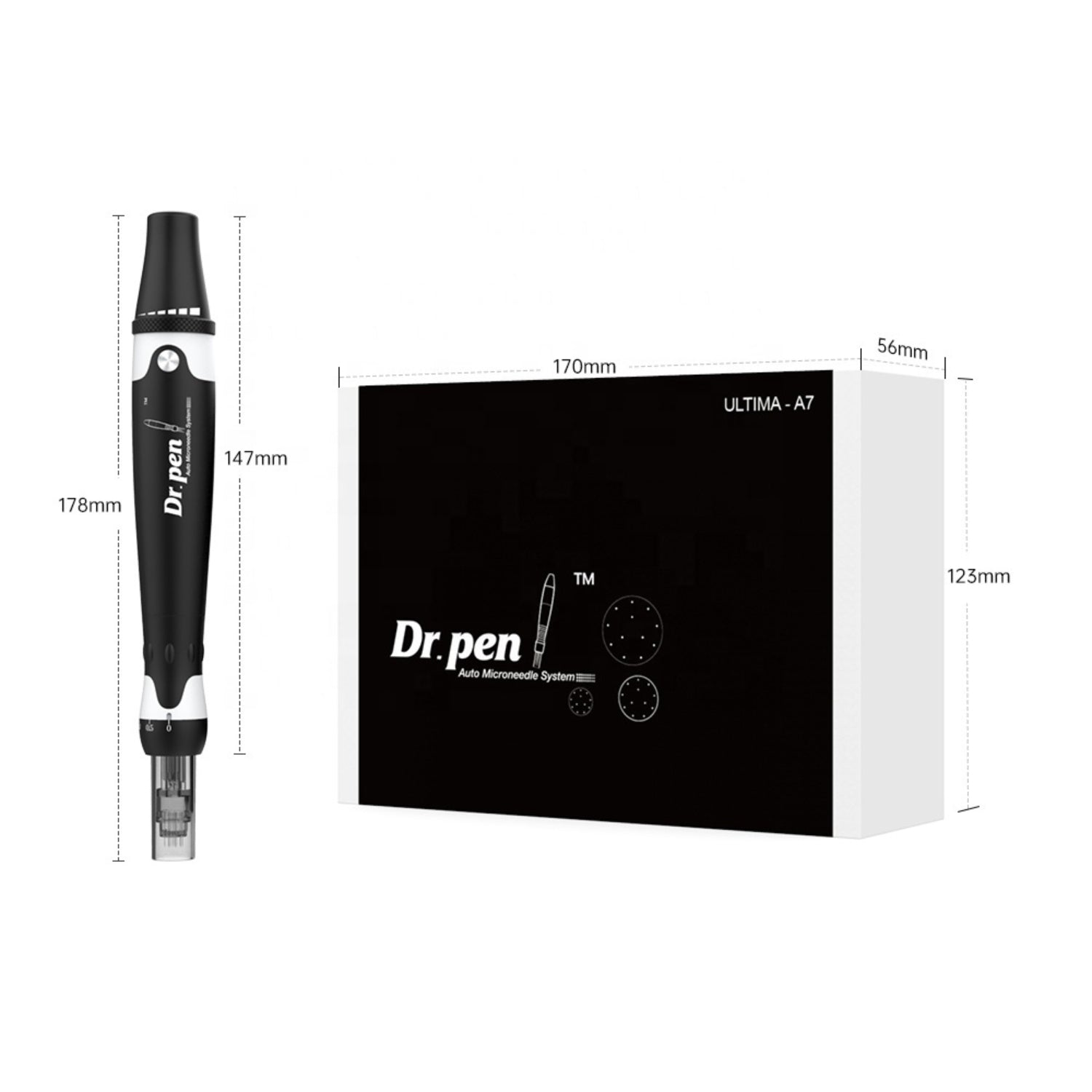 Dr. Pen A7 con cable, 2 cartuchos de 12 pines y funda negra