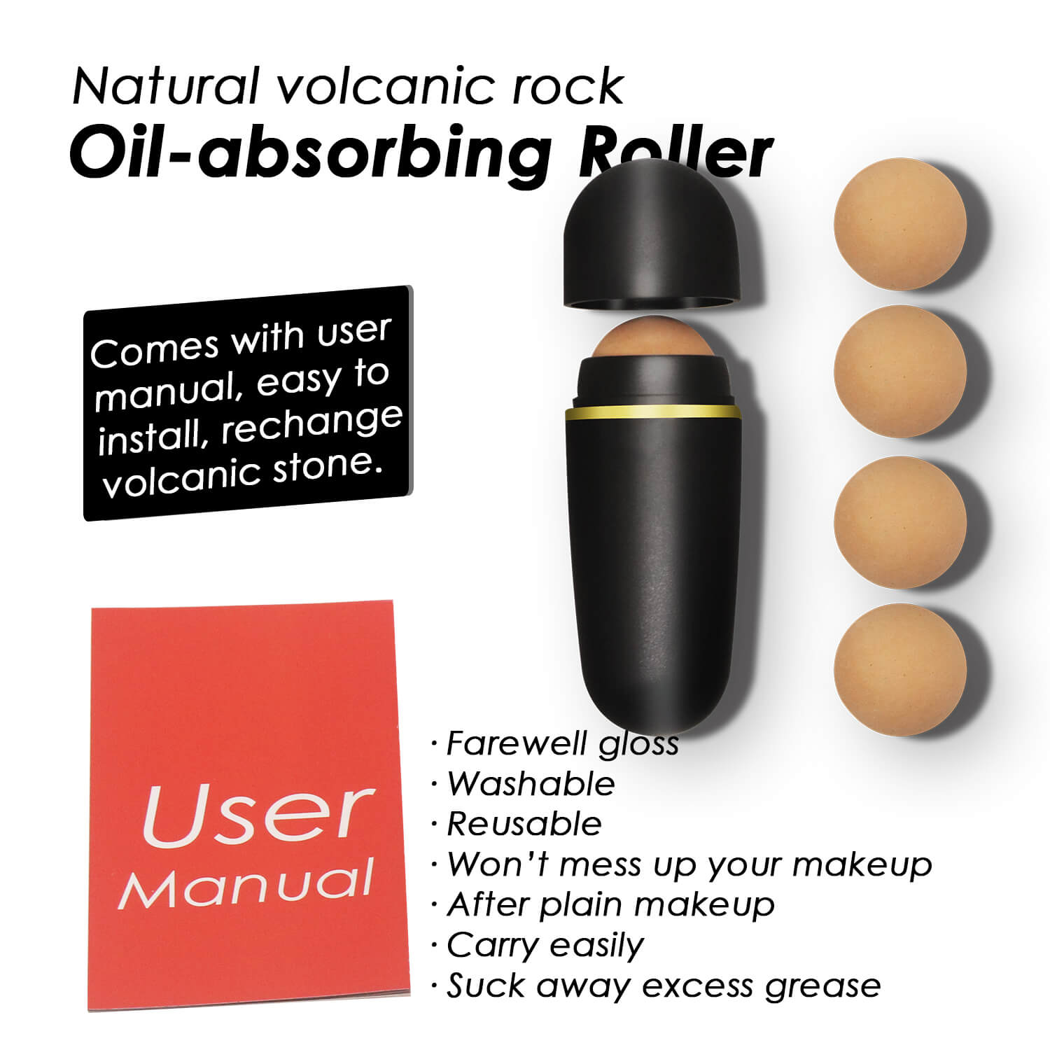 Rodillo Volcánico absorbente de aceite - Negro con 4 Bolas